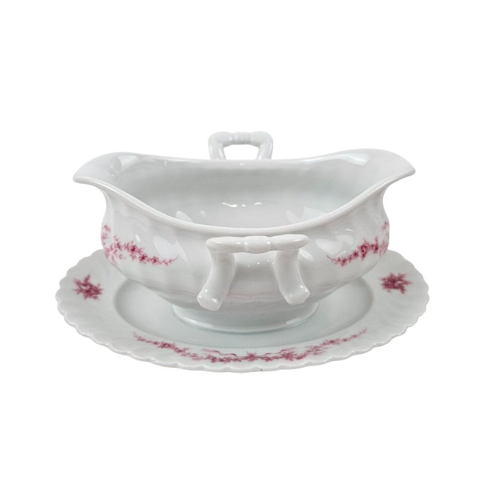 Kaiser W Germany Carolin Porcelain Gravy Boat Attached Underplate Pink Floral